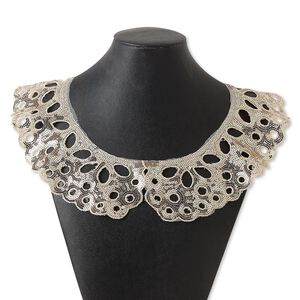 Necklace, collar, polyester and plastic sequin, ivory, 2-1/2 inches wide, 32 inches with tie closure. Sold individually.