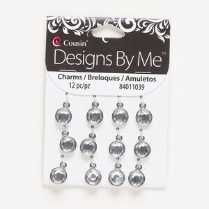 Drop, silver-finished "pewter" (zinc-based alloy) and acrylic, clear, 10mm single-sided round. Sold per pkg of 12.