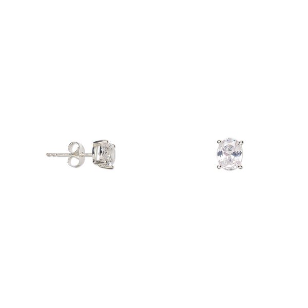 Earstud, cubic zirconia and sterling silver, clear, 8x6mm faceted oval with post. Sold per pair. image number 0
