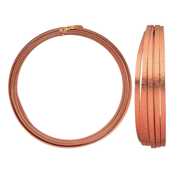 Wire, anodized aluminum, orange copper, 5x1mm double-sided flat with embossed wood grain pattern, 18 gauge. Sold per pkg of 18 feet. image number 0
