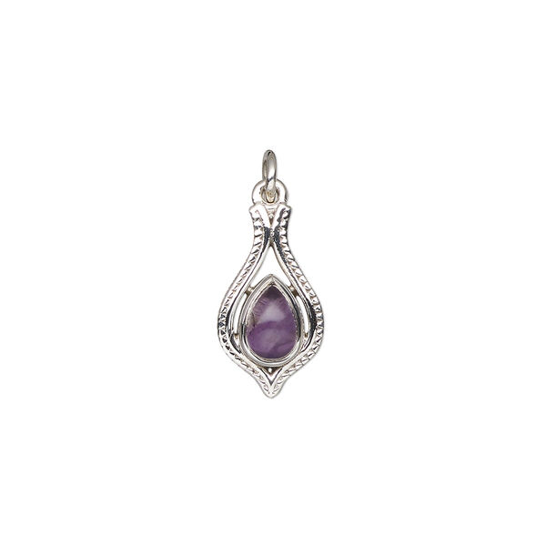 Drop, antiqued sterling silver and amethyst (natural), 15x9mm single-sided open beaded teardrop. Sold individually. image number 0