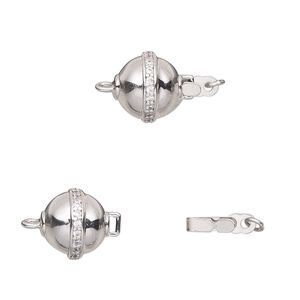 Clasp tab 1pkg1 rhodium-plated, 10mm round / safety latch / 3mm closed jump ring, brass / clear cubic zirconia 1-strand