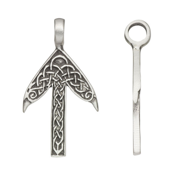 Pendant, antiqued pewter (tin-based alloy), 52.5x28.5mm single-sided arrow with Celtic design and 6.5mm hole. Sold individually. image number 0