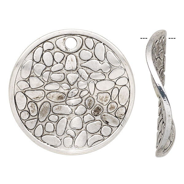 Focal, antique silver-finished "pewter" (zinc-based alloy), 30mm double-sided wavy flat round with cobblestone design. Sold per pkg of 4. image number 0