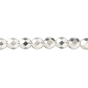 Bead, fire-polished, silver-plated glass, opaque clear, 6mm faceted round. Sold per 15-1/2 to 16-inch strand.