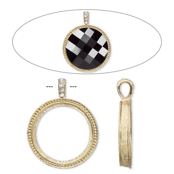 Pendant, Almost Instant Jewelry®, crystals and gold-finished "pewter" (zinc-based alloy), crystal clear, 46x36mm single-sided textured round with 30mm round setting. Sold individually. image number 0