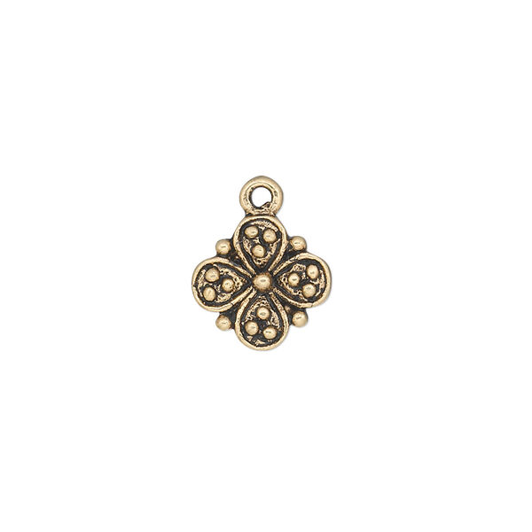 Charm, antique gold-finished "pewter" (zinc-based alloy), 11x11mm single-sided flower. Sold per pkg of 20. image number 0