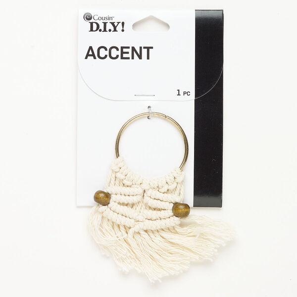 Focal wood steel cotton 1pk 3.25x1.75 inch macramé, dyed brown antique gold finish ecru image number 0