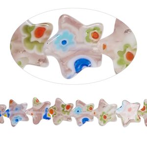 Bead, millefiori glass, translucent multicolored, 8mm flat star with 0.6-0.8mm hole. Sold per 15-inch strand.