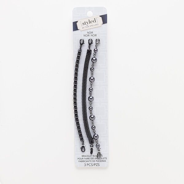 Bracelet component, glass pearl / gunmetal- / black-finished steel / "pewter" (zinc-based alloy), black, 5mm box / 6mm lantern / 8mm wide, 6 inches with lobster claw clasp. Sold per pkg of 3. image number 0