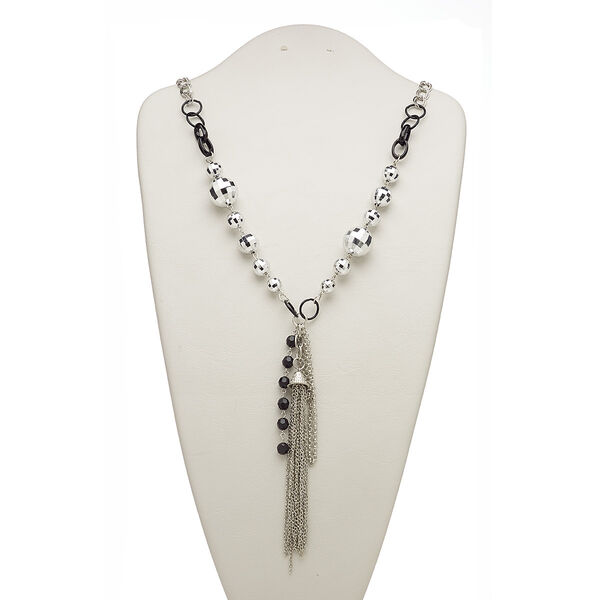 Necklace, glass / acrylic / silver-coated plastic / silver-plated steel / "pewter" (zinc-based alloy), black, 6-inch dangle, 26 inches with 2-inch extender chain and lobster claw clasp. Sold individually. image number 0