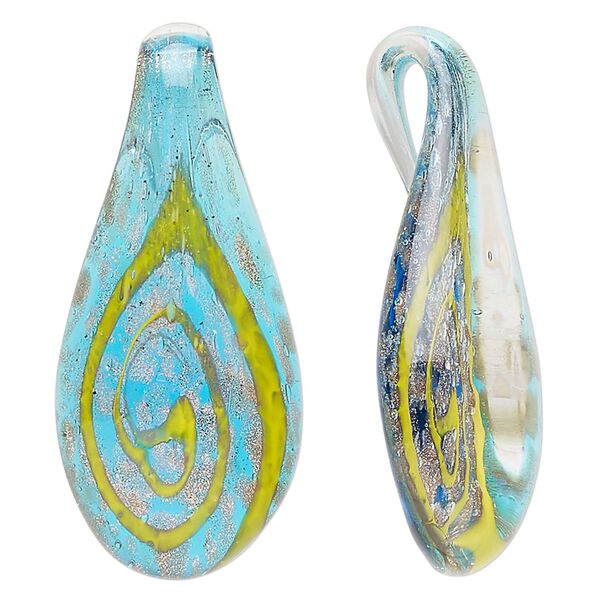 Focal, lampworked glass, clear / translucent blue / yellow, 40x17mm-44x19mm domed teardrop with swirl design and copper-colored glitter. Sold individually. image number 0