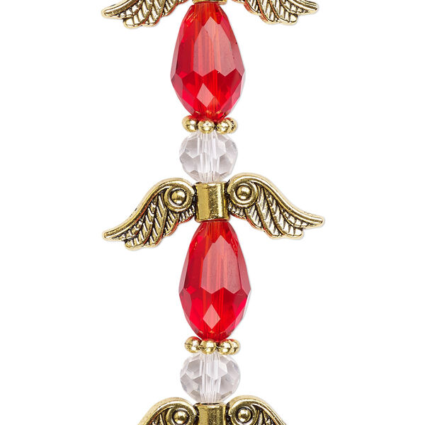 Bead, crystal and antique gold-finished "pewter" (zinc-based alloy), transparent red and clear, 23mm angel. Sold per pkg of 4. image number 0