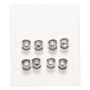 Bead, "pewter" (zinc-based alloy) and crystal, pkg/8, 11x8mm pinched round, antique silver finish and clear.