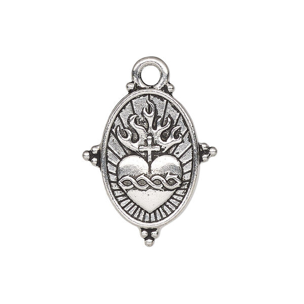 Drop, TierraCast®, antique silver-plated pewter, 25x21mm 2-sided beaded oval with sacred heart. Sold individually. image number 0