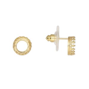 Earstud 1pkg2 JBB Findings gold-plated, 9mm round / SS39 rivoli bezel setting / comfort clutch, brass / acrylic clear 1 pair