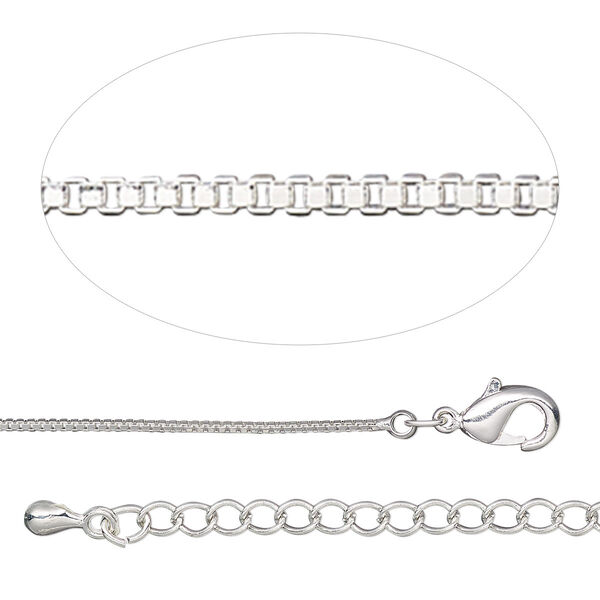 Chain, silver-plated brass, 0.8mm Venetian box, 18 inches with 2-inch extender chain and lobster claw clasp. Sold individually. image number 0