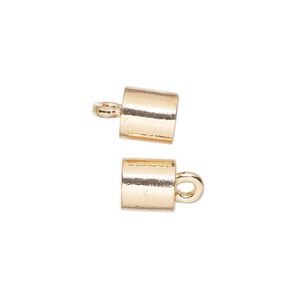 Cord end, glue-in, painted gold-finished "pewter" (zinc-based alloy), 8mm barrel with pink tint, 5.5mm inside diameter. Sold per pkg of 2.
