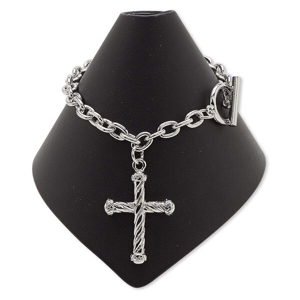 Bracelet, imitation rhodium-plated steel and "pewter" (zinc-based alloy), 32.5x25mm cross, 7 inches with toggle clasp. Sold individually. image number 0