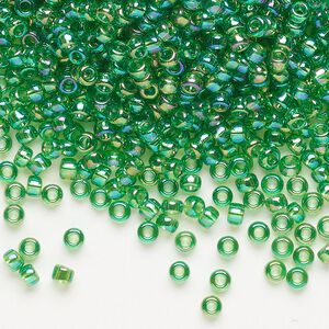 Seed bead, Miyuki, glass, pkg/50g, #8 rocaille, translucent rainbow green (RR-179L).