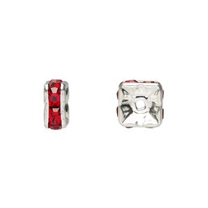 Bead, glass rhinestone and silver-plated brass, red, 8x4mm squaredelle. Sold per pkg of 10.