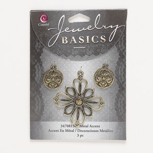 Focal, antique gold-finished "pewter" (zinc-based alloy) and glass, tan, 15mm single-sided flat round with flower design and 37.5mm single-sided fancy diamond with cutout design. Sold per pkg of 3.