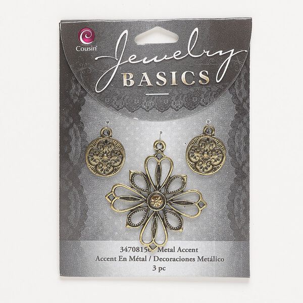 Focal, antique gold-finished "pewter" (zinc-based alloy) and glass, tan, 15mm single-sided flat round with flower design and 37.5mm single-sided fancy diamond with cutout design. Sold per pkg of 3. image number 0