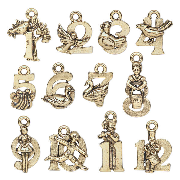 Charm, antique gold-plated pewter (tin-based alloy), assorted double-sided Twelve Days of Christmas theme. Sold per 12-piece set. image number 0