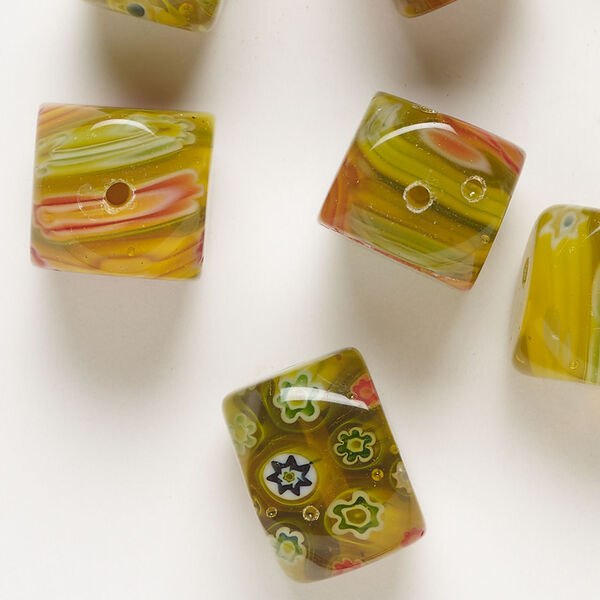Bead, millefiori glass 1pkg2oz, translucent yellow-golden / yellow / multicolored, 16x10mm-18x13mm 4-sided rectangle. image number 0
