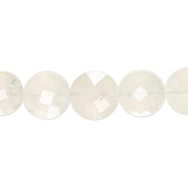 Bead, prehnite (natural), 10-12mm hand-cut faceted puffed flat round, C grade, Mohs hardness 6 to 6-1/2. Sold per 8-inch strand. image number 0