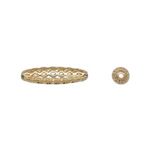 Bead, gold-plated brass, 19x5mm weave oval with cutouts. Sold per pkg of 100.