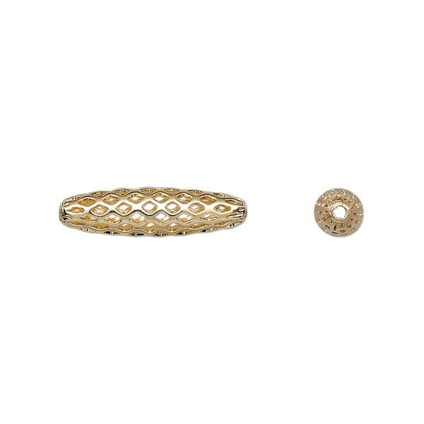 Bead, gold-plated brass, 19x5mm weave oval with cutouts. Sold per pkg of 100. image number 0