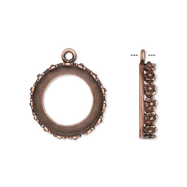 Drop, JBB Findings, antique copper-plated brass, 18mm round with open back and flower design trim, 16mm round bezel setting. Sold per pkg of 2. image number 0