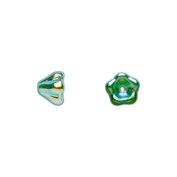 Bead, Czech pressed glass, emerald green AB, 8.5x6.5mm flower. Sold per 15-1/2" to 16" strand, approximately 80 beads. image number 0