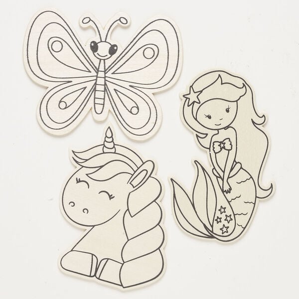 Focal assortment 1pkg3, wood (natural), tan and black, 4-1/2 x 2-1/2 mermaid / 4x3 inch unicorn / 4x3 inch butterfly. image number 0