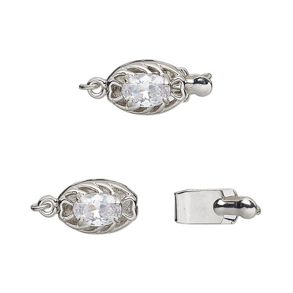 Clasp, tab, cubic zirconia and rhodium-plated brass, clear, 12x8mm oval. Sold individually. image number 0