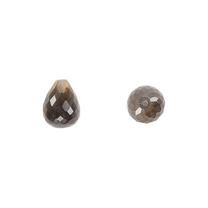 Smoky quartz 1pkg2, hand-cut half-drilled faceted teardrop bead 10x8mm