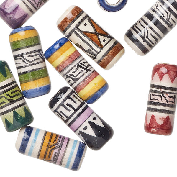 Bead mix, glazed ceramic, mixed colors, 15x7mm-17x8mm tube with painted geometric design. Sold per pkg of 10. image number 0