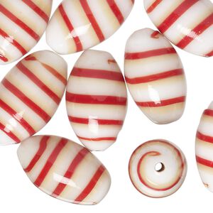 Bead, lampworked glass, opaque red / golden / white, 20x11mm oval. Sold per pkg of 10.