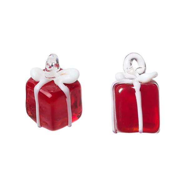 Drop, lampworked glass, red and white, 15x12mm 3D present. Sold individually. image number 0