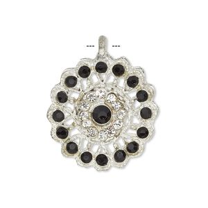 Pendant, glass rhinestone and silver-finished "pewter" (zinc-based alloy), clear and black, 23mm round. Sold individually.
