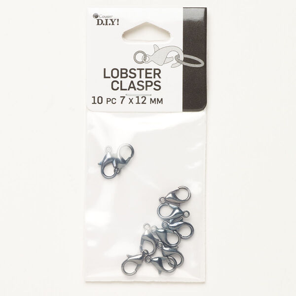 Clasp, lobster claw, gunmetal-finished "pewter" (zinc-based alloy), 12x7mm. Sold per pkg of 10. image number 0
