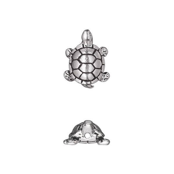 Bead, TierraCast®, antique silver-plated pewter (tin-based alloy), 15x11.5mm 3D turtle. Sold per pkg of 2. image number 0