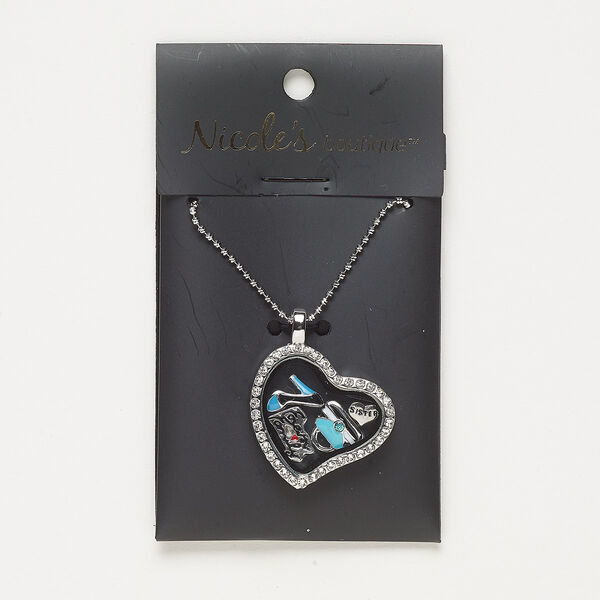 Necklace, glass / enamel / silver- / antique silver-finished "pewter" (zinc-based alloy) / steel, multicolored, 28x27mm heart with mixed designs, 24 inches with 2-inch extender chain and lobster claw clasp. Sold individually. image number 0