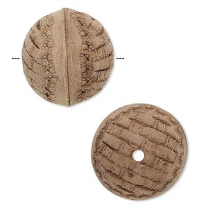 Bead, leather, brown, 23-27mm round with etched weave design. Sold individually.