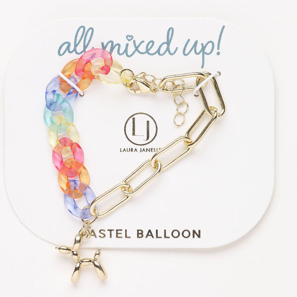 Bracelet, steel and acrylic, pkg/1, 6 inches with ballon dog and lobster claw clasp, gold finish, Pastel Balloon theme. image number 0
