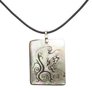 Necklace, black lip shell (coated) / waxed cotton cord / gold-finished brass, gold and black, 48x36mm rectangle with butterfly decal, 18 inches with 2-inch extender chain and lobster claw clasp. Sold individually.