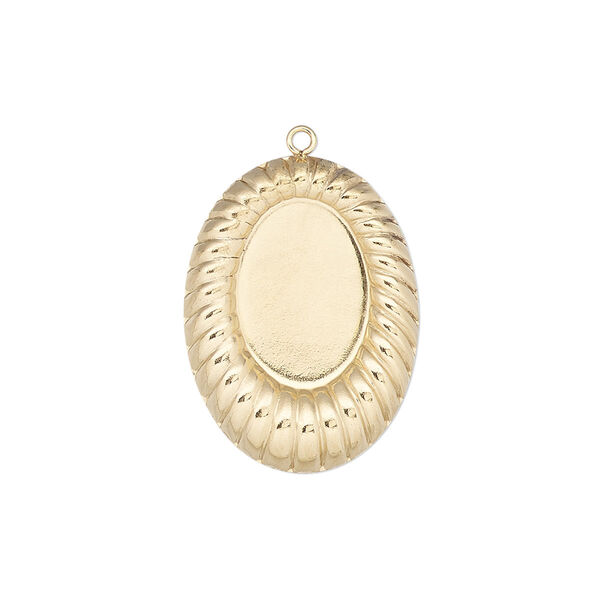 Drop, 14Kt gold-filled, 23x17.5mm single-sided oval with corrugated edge and 14x10mm oval setting. Sold individually. image number 0