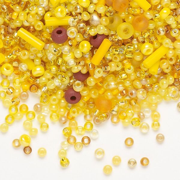 Seed bead mix, Preciosa Czech glass, pkg/50g, 5x2mm round tube, opaque and translucent multi-yellow. image number 0