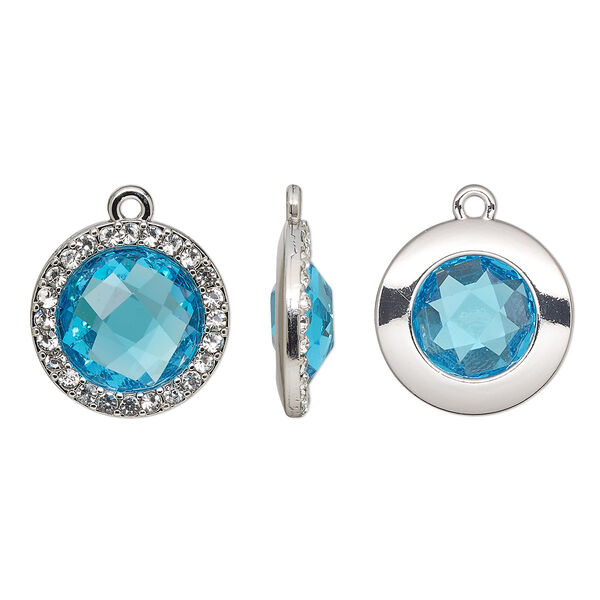 Drop, glass / glass rhinestone / imitation rhodium-finished "pewter" (zinc-based alloy), clear and transparent sapphire blue, 19mm single-sided round. Sold per pkg of 2. image number 0